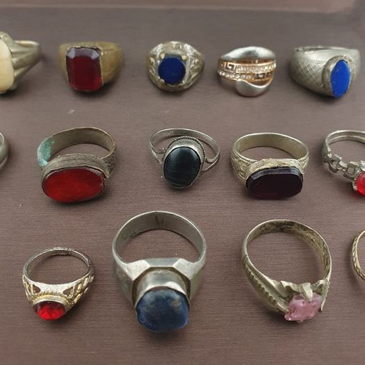 Antique Lot of 15 Handmade Brass Rings Mixed Gemstone & Glass Designs