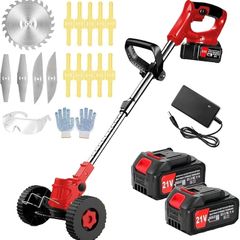 Cordless Strimmer 21V Battery Strimmer Lightweight Garden Strimmer with 2pcs Batteries&13pcs Blade&removable Wheels Brush