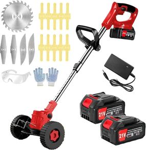 Cordless Strimmer 21V Battery Strimmer Lightweight Garden Strimmer with 2pcs Batteries&13pcs Blade&removable Wheels Brush