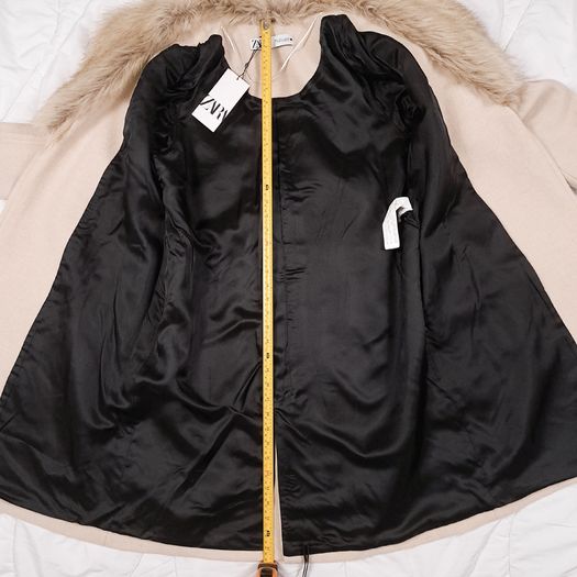 Zara Beige Cream Faux Fur Collar Belted Wrap Long Wool Coat Size L