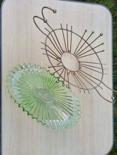 Vintage green uranium glass platter set in a brass frame