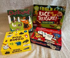 4 board games for kids: Poo Bingo, Junior Rummikub & cooperative games Outfoxed, Race to the Treasure
