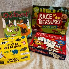 4 board games for kids: Poo Bingo, Junior Rummikub & cooperative games Outfoxed, Race to the Treasure