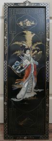 Vintage large Japanese Mother of Pearl Wall Panel / Black Lacquer Geisha Warrior & Floral ORIENTAL WALL ART