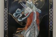 Vintage large Japanese Mother of Pearl Wall Panel / Black Lacquer Geisha Warrior &amp; Floral ORIENTAL WALL ART