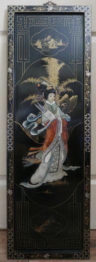 Vintage large Japanese Mother of Pearl Wall Panel / Black Lacquer Geisha Warrior & Floral ORIENTAL WALL ART