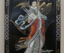 Vintage large Japanese Mother of Pearl Wall Panel / Black Lacquer Geisha Warrior & Floral ORIENTAL WALL ART