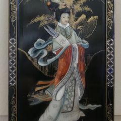 Vintage large Japanese Mother of Pearl Wall Panel / Black Lacquer Geisha Warrior & Floral ORIENTAL WALL ART