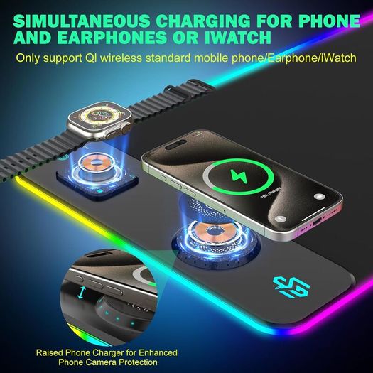 Wireless Charging RGB Gaming Mouse Pad 15W, LED Mouse Mat 800x350x4MM, 10 Light Modes Extra Large Mousepad Non-Slip Rubber Base Computer Keyboard Mat for Gaming (Black-Dual Magnetic)
