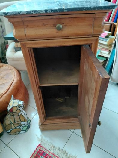 Antique Louis Phillippe style bedside table grey white veined marble top