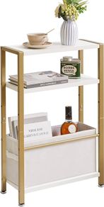 Narrow Side Table, 3-Tier Slim End Table with Fabric Basket, Modern Sofa Table for Narrow and Small Spaces, with Gold Metal Frame, White