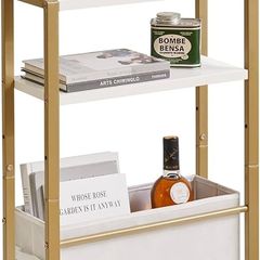 Narrow Side Table, 3-Tier Slim End Table with Fabric Basket, Modern Sofa Table for Narrow and Small Spaces, with Gold Metal Frame, White