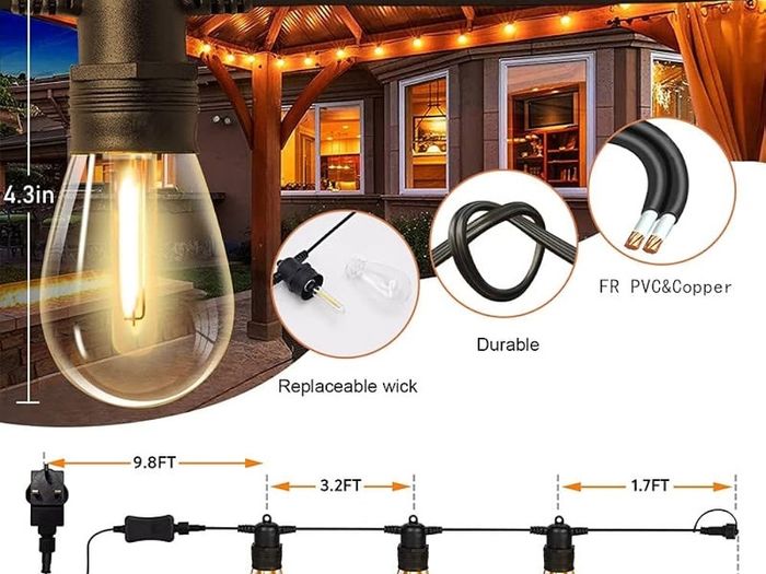 107ft Festoon Lights Outdoor, 32x1w Led Dimmable Bulbs, 2200k Warm White Commercial Grade Outdoor String Lights For Patio, Garden, Fence, Pergola