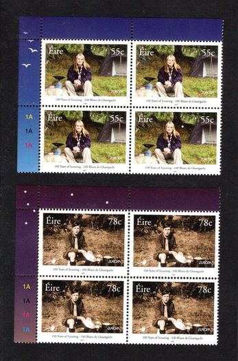 2007 Ireland Europa: Scouting Centenary Commemorative Stamps Plate Blocks 1A1A1A1A Mint Never Hinged (MNH)
