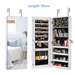 Wall Door Mounted Mirror Jewelry Box Organizer Wooden Makeup Cosmetic Drawer Container Storage Casket Earring Rings Necklace