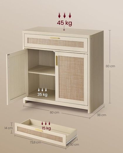 Kitchen Cabinet Sideboard with Rattan Effect Doors Boho Style Natural Beige