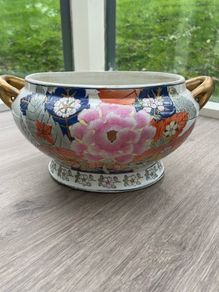 Vintage Chinese Style Porcelain Jardiniere, Floral Planter with Gold Handles
