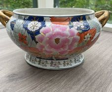 Vintage Chinese Style Porcelain Jardiniere, Floral Planter with Gold Handles