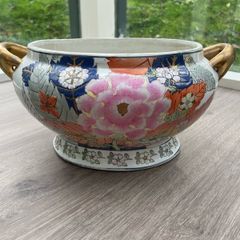 Vintage Chinese Style Porcelain Jardiniere, Floral Planter with Gold Handles