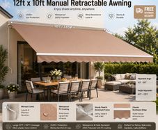 Manual Retractable Awning, 12 x 10 ft Outdoor Patio Awning Retractable Sun Shade, Water-Resistant Polyester Patio Door Window Awning Sunshade Shelter with Crank Handle for Backyard, Balcony