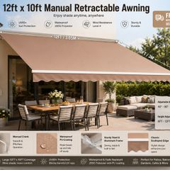 Manual Retractable Awning, 12 x 10 ft Outdoor Patio Awning Retractable Sun Shade, Water-Resistant Polyester Patio Door Window Awning Sunshade Shelter with Crank Handle for Backyard, Balcony