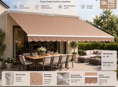 Manual Retractable Awning, 12 x 10 ft Outdoor Patio Awning Retractable Sun Shade, Water-Resistant Polyester Patio Door Window Awning Sunshade Shelter with Crank Handle for Backyard, Balcony