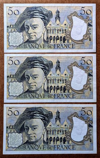 FRANCE - Lot Set of 3 Banknotes: 50 Francs 1985 P 152b Consecutive Serial# (AU)