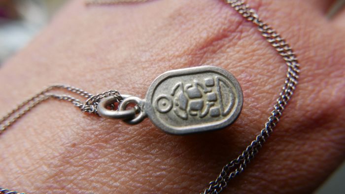 Vintage Sterling silver 925 scarab beetle necklace, Scarab beetle pendant with red enamel, Enamel necklace, Scarab jewelry 3,4g length - 16"