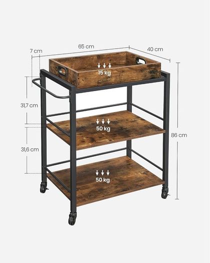Industrial Style Serving Trolley Kitchen Trolley with Removable Tray with Adjustable Feet and Wheels Kitchen Shelf Steel Frame 65 x 40 x 86 cm Brown Rustic Black