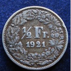 1921 Silver coin Swiss1/2 Franc Switzerland