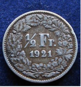 1921 Silver coin Swiss1/2 Franc Switzerland