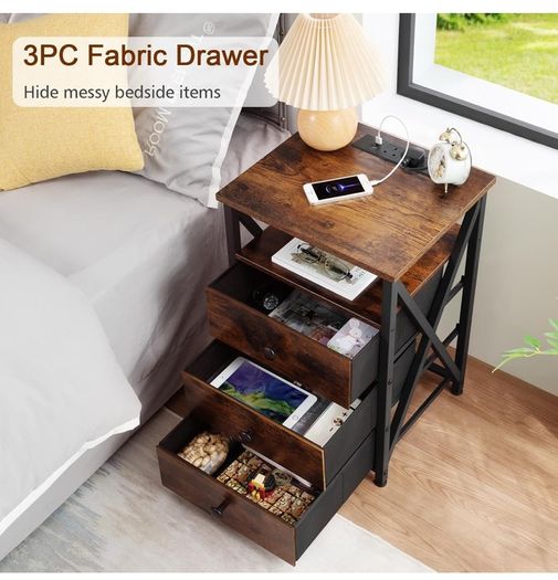 Bedside Table Set of 2 with Charging Station