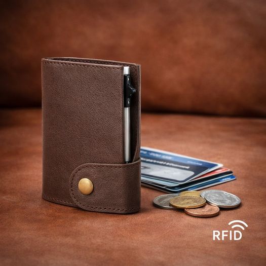 Genuine Leather Pop-Up Card Holder Wallet RFID Blocking Slim Credit Card Case