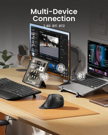 Ergonomic Mouse, Wireless Vertical Mini Mouse Rechargeable Optical Mice with Multi-Device (2 Bluetooth + USB Connection), 3 Adjustable DPI for Computer, iPad, Mac, Windows Black
