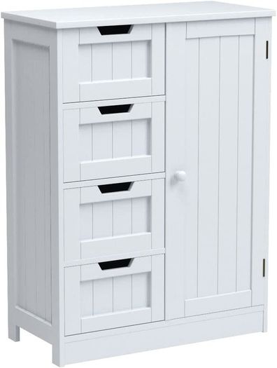 Bathroom Cupboard 4 Drawer 1 Door Floor Standing Cabinet Unit Storage Wood, White
