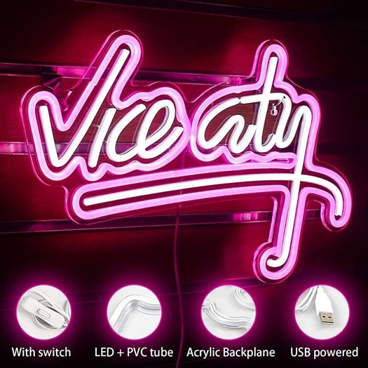 Vice City Neon Sign Pink White Led Sign for Bedroom Wall Decor USB Powered Letter Neon Light for Game Room, Man Cave, Gaming Zone (FREE POSTAGE)