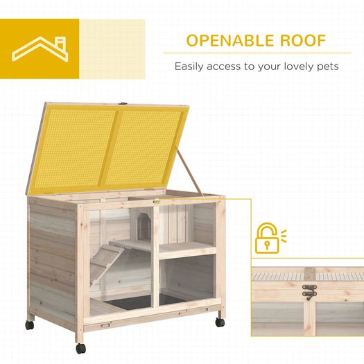 Wooden Rabbit Hutch Guinea Pigs House Bunny Small Animal Cage w/ Pull-out Tray Openable Roof Wheels, Natural