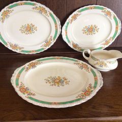 Art Deco Grindley England Set of 3 oval Graduating serving platters and matching gravy jug