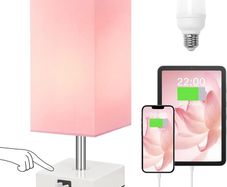 Touch Table Lamp, Pink Bedside Lamps with 3 Way Dimmable, Small Bedside Lamp with USB C+A Charging Ports, Bedroom Lamp for Bedroom Living Room with Pink Fabric Shade (LED Bulb Included)