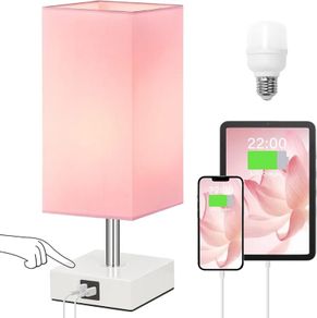 Touch Table Lamp, Pink Bedside Lamps with 3 Way Dimmable, Small Bedside Lamp with USB C+A Charging Ports, Bedroom Lamp for Bedroom Living Room with Pink Fabric Shade (LED Bulb Included)