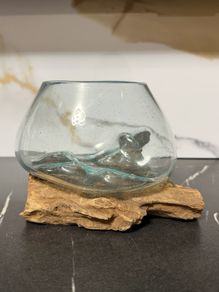 Handmade Molten Glass Bowl on Natural Wood,  Boxed