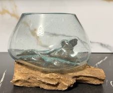 Handmade Molten Glass Bowl on Natural Wood,  Boxed