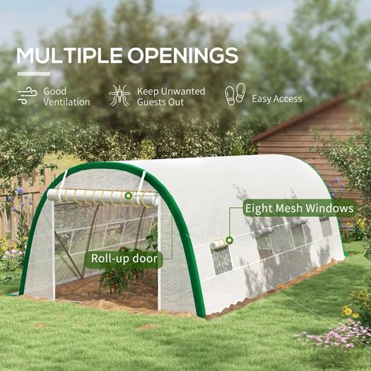 Garden Tunnel Greenhouse 18m 6L x 3W x 2H m - 8 Windows, Zippered Roll-Up Door, Galvanized Steel, PE Cover, White