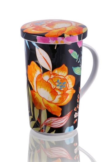 Large Porcelain Tea Cup 350ml Black with Flowers