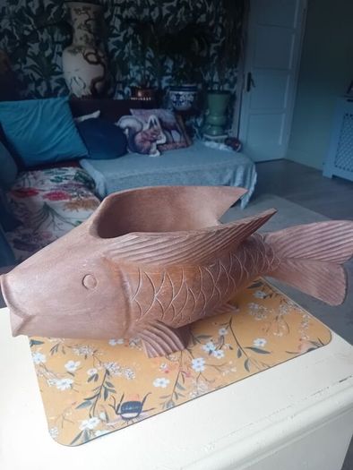 Large vintage hardwood koi carp planter