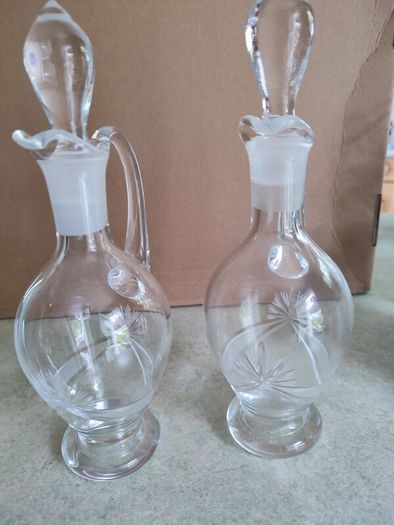 Vintage Hand Blown Cut Glass Set of 2 Small Glass Decanters for Oil and Vinegar or wine carafe.