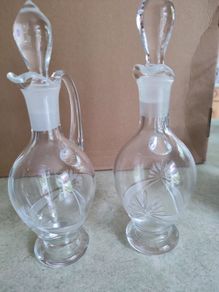 Vintage Hand Blown Cut Glass Set of 2 Small Glass Decanters for Oil and Vinegar or wine carafe.