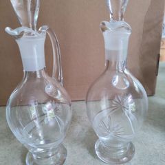 Vintage Hand Blown Cut Glass Set of 2 Small Glass Decanters for Oil and Vinegar or wine carafe.