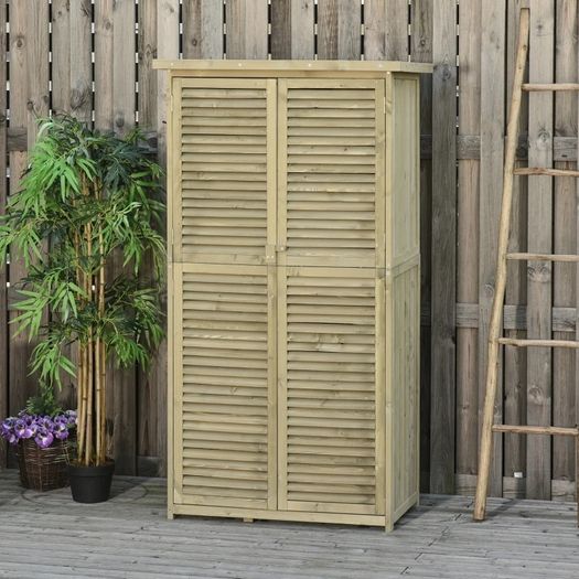 87 x 47 x 160cm Wooden Garden Storage Shed, Sheds & Outdoor Storage with Asphalt Roof & 2 Large Wood Doors with Lock, Sand Brown