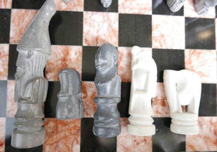 Vintage Marble Chess Board, 14 inch and Handcrafted African Soapstone Chess Set (king 6")